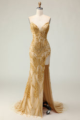 Golden Mermaid Beaded Strapless Prom Dress With Slit