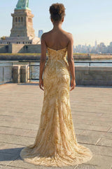 Golden Mermaid Beaded Strapless Prom Dress With Slit