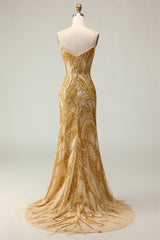 Golden Mermaid Beaded Strapless Prom Dress With Slit