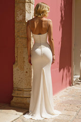 Ivory Mermaid Spaghetti Straps Beaded Maxi Wedding Dress With Slit