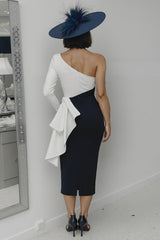 One Shoulder Black and White Midi Mother Of The Bride Dress With Sash
