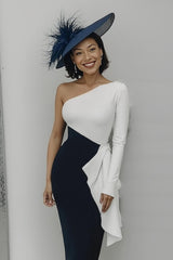 One Shoulder Black and White Midi Mother Of The Bride Dress With Sash