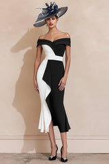 Black and White Off The Shoulder Mermaid Midi Dress