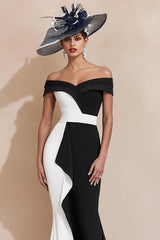 Black and White Off The Shoulder Mermaid Midi Dress