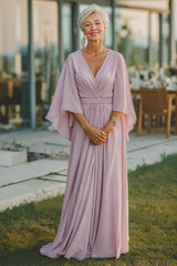 Dusty Rose A-Line V-Neck Chiffon Ruched Mother Of The Bride Dress