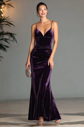 Purple Spaghetti Straps Sheath Velvet Formal Dress