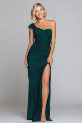 Dark Green Sheath One Shoulder Ruched Formal Dress With Slit