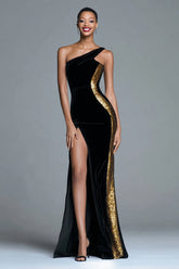 Black Sheath Sequin One Shoulder Formal Dress With Slit