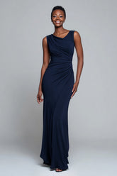 Navy Sheath Sleeveless Ruched Long Formal Dress