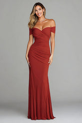 Terracotta Sheath Ruched Off The Shoulder Formal Dress