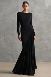 Black Pleated Mermaid Bateau Neck Formal Dress with Long Sleeves