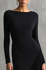 Black Pleated Mermaid Bateau Neck Formal Dress with Long Sleeves