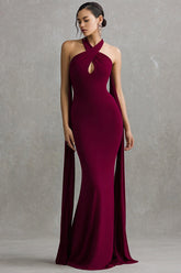 Burgundy Mermaid Halter Long Formal Dress with Sash
