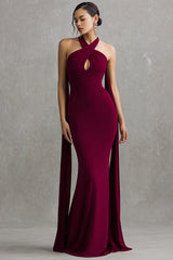 Burgundy Mermaid Halter Long Formal Dress with Sash