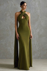 Olive Halter Sheath Long Formal Dress With Sash