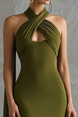 Olive Halter Sheath Long Formal Dress With Sash