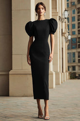 Black Sheath Puff Sleeve Midi Formal Dress