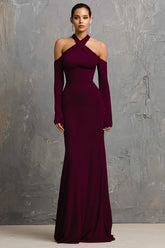 Sheath Halter Burgundy Evening Dress with Long Sleeves