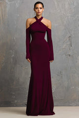 Sheath Halter Burgundy Evening Dress with Long Sleeves