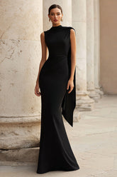 Sheath High Neck Maxi Black Tie Dress With Sash