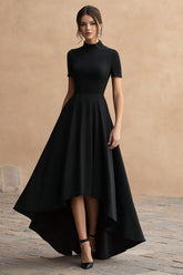 High-Low Black A-Line High Neck Formal Dress