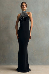 Halter Sheath Black Formal Dress With Beading