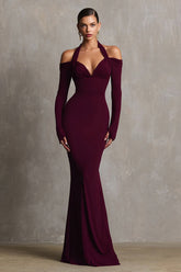 Burgundy Mermaid Halter Formal Dress with Long Sleeves