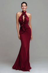 Burgundy Mermaid Halter Long Formal Dress with Ruffles