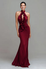 Burgundy Mermaid Halter Long Formal Dress with Ruffles