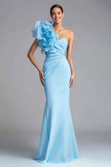 One Shoulder Light Blue Mermaid Formal Dress With 3D Flowers