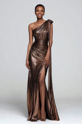 Metallic Ruched Brown One Shoulder Maxi Dress With Slit