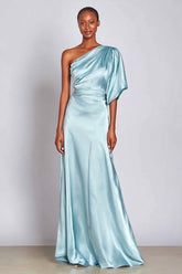 Light Blue One Shoulder Satin Long Formal Dress