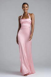 Pink Sheath Halter Long Formal Dress