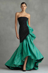 Black and Green Ruched Strapless Ruffled Mermaid Evening Dress