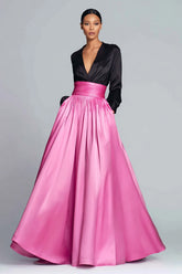Black and Fuchsia Long Sleeve V-Neck A-Line Formal Dress