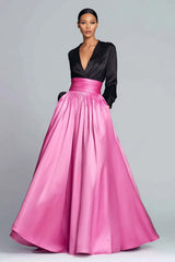 Black and Fuchsia Long Sleeve V-Neck A-Line Formal Dress