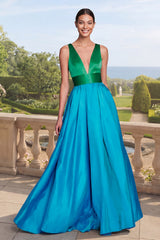 Green and Blue Color-Block A-Line Satin Formal Dress