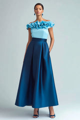 Light Blue and Dark Blue Colorblock Off The Shoulder A-Line Formal Dress With Ruffles