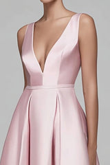 Pink and Navy Satin A-Line V-Neck Formal Dress