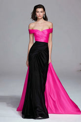 Off The Shoulder Sheath Black and Fuchsia Formal Dress With Overlay