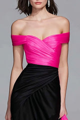 Off The Shoulder Sheath Black and Fuchsia Formal Dress With Overlay