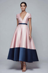 Pink and Navy A-Line Satin V-Neck Semi-Formal Dress With Short Sleeves