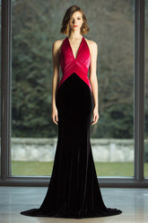 Black and Fuchsia Mermaid Halter Velevt Formal Dress