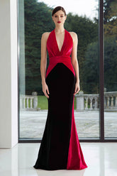 Black and Fuchsia Colorblock Halter Mermaid Long Formal Dress