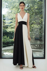 Black and White A-Line V-Neck Maxi Formal Dress