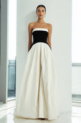 Black and White Strapless A-Line Long Formal Dress