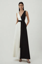 Black and White A-Line V-Neck Pleated Formal Dress