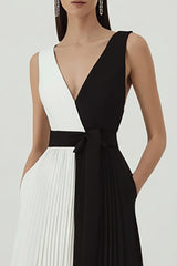 Black and White A-Line V-Neck Pleated Formal Dress