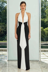 Halter Sheath Black and White Long Formal Dress