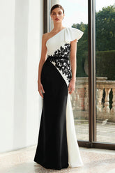 Black and White One Shoulder Sheath Appliqued Formal Dress